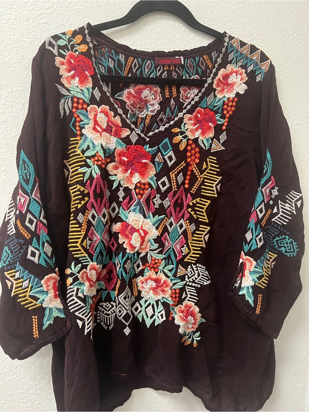 Johnny Was Black Tunic with Multicolor Floral Embroidery